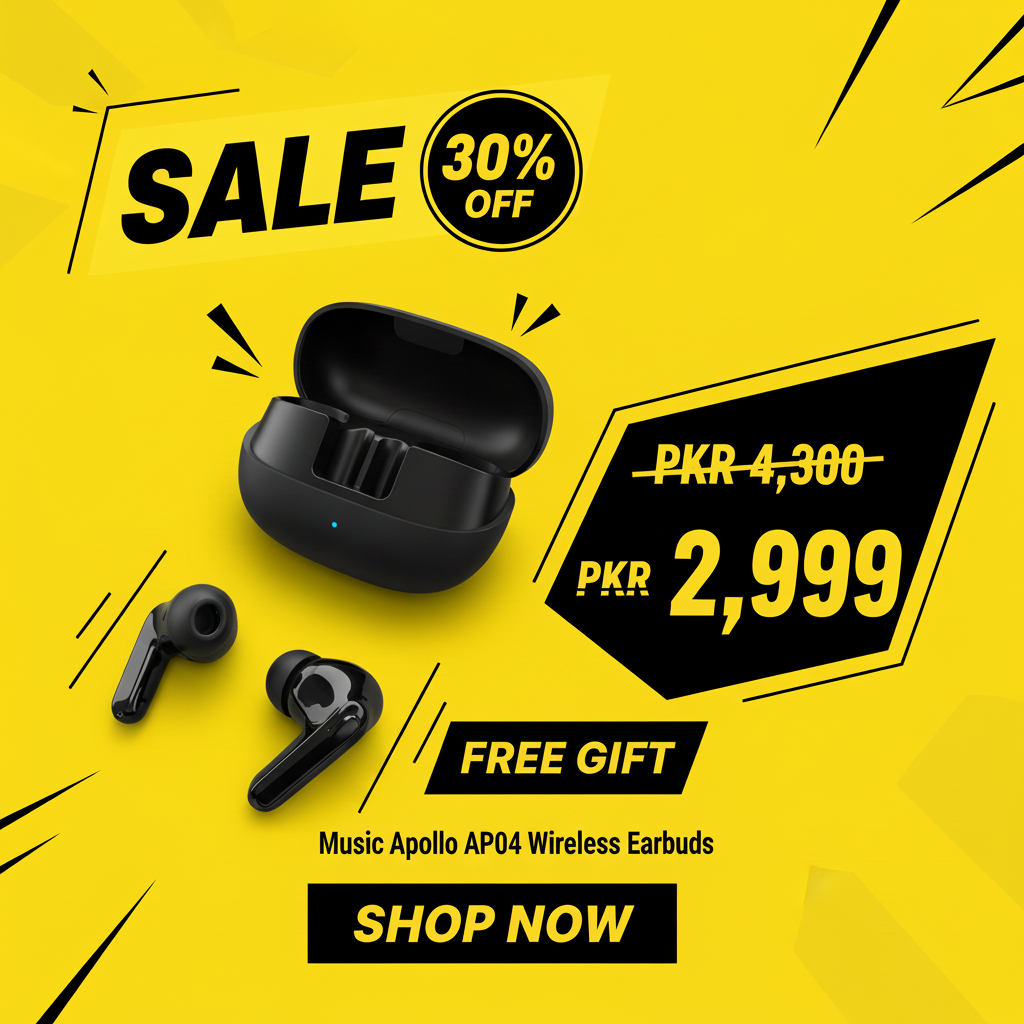 Music Apollo AP04 Wireless Earbuds - 30% OFF Sale - Free Gift - PKR 2,999